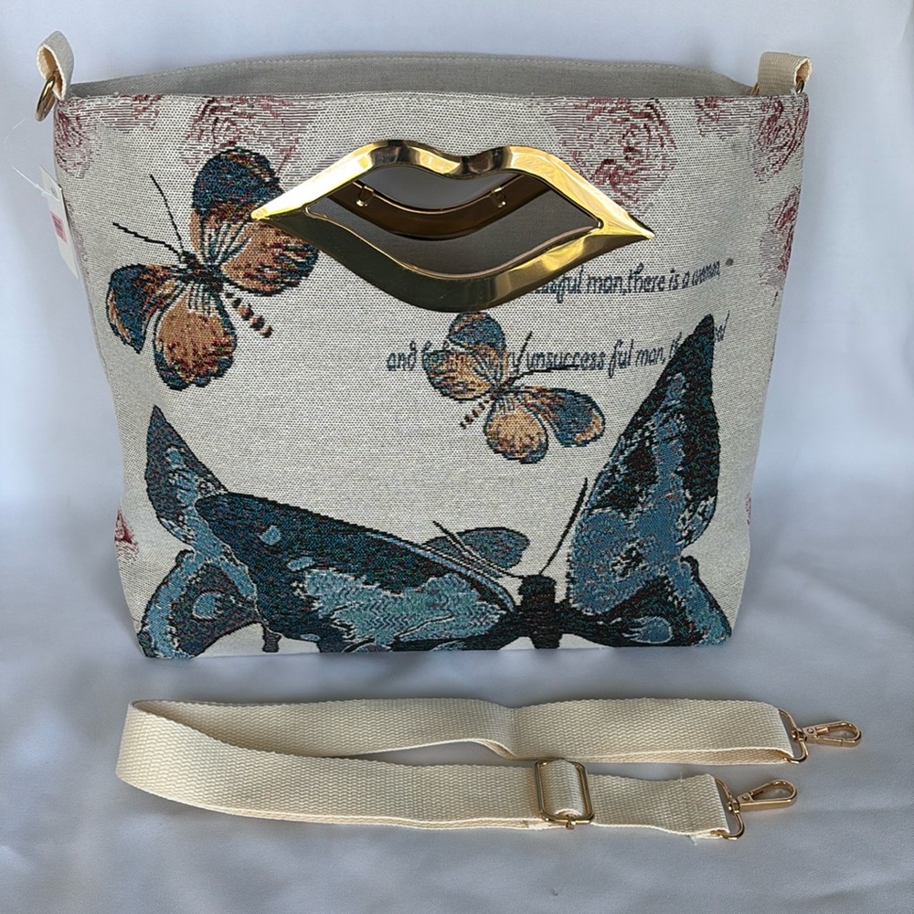 Beige with blue butterfly crossbody bag, (15.35”X3.9”X11.4”)